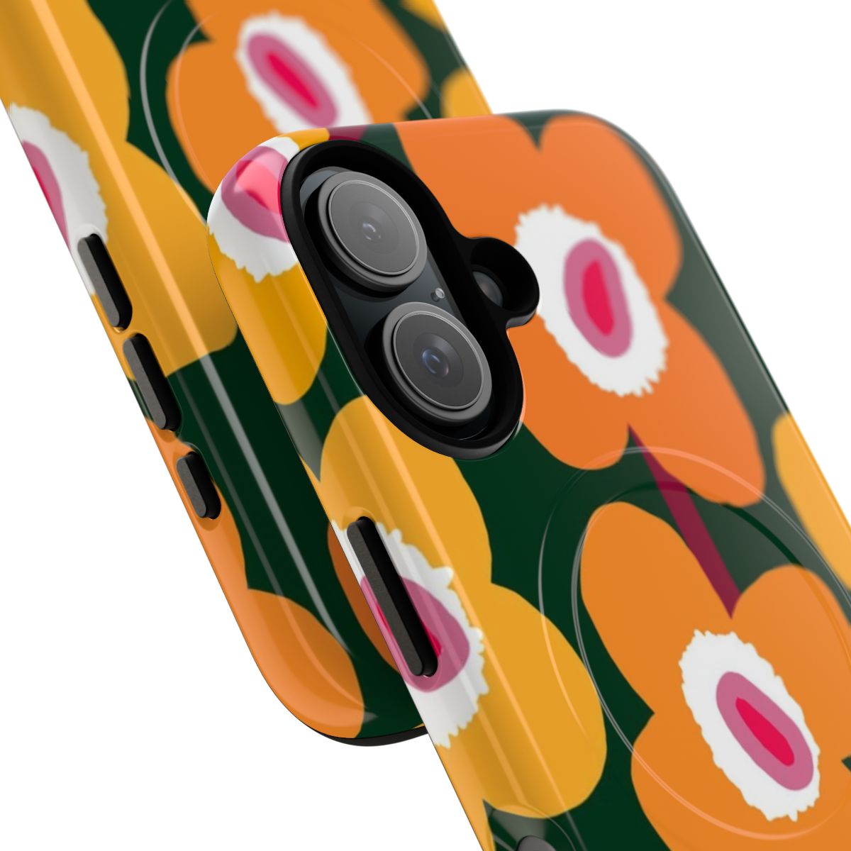 Vibrant Scandinavian-inspired floral pattern phone case in orange and green tones - Detail