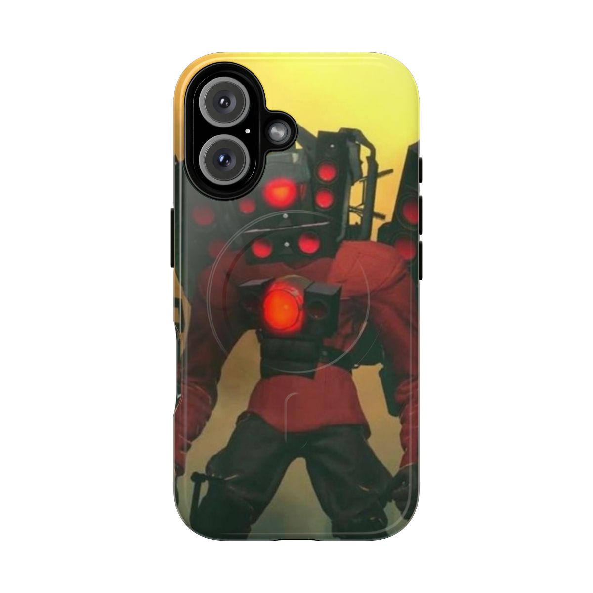 A phone case featuring the Skibidi Toilet meme and TV Man characters.