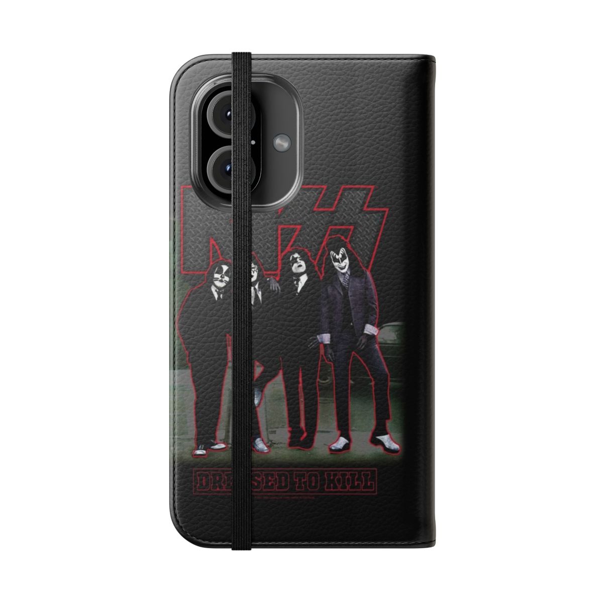 Retro flip cover phone case featuring the iconic 1970s album cover art of the classic rock band KISS - Folded Front