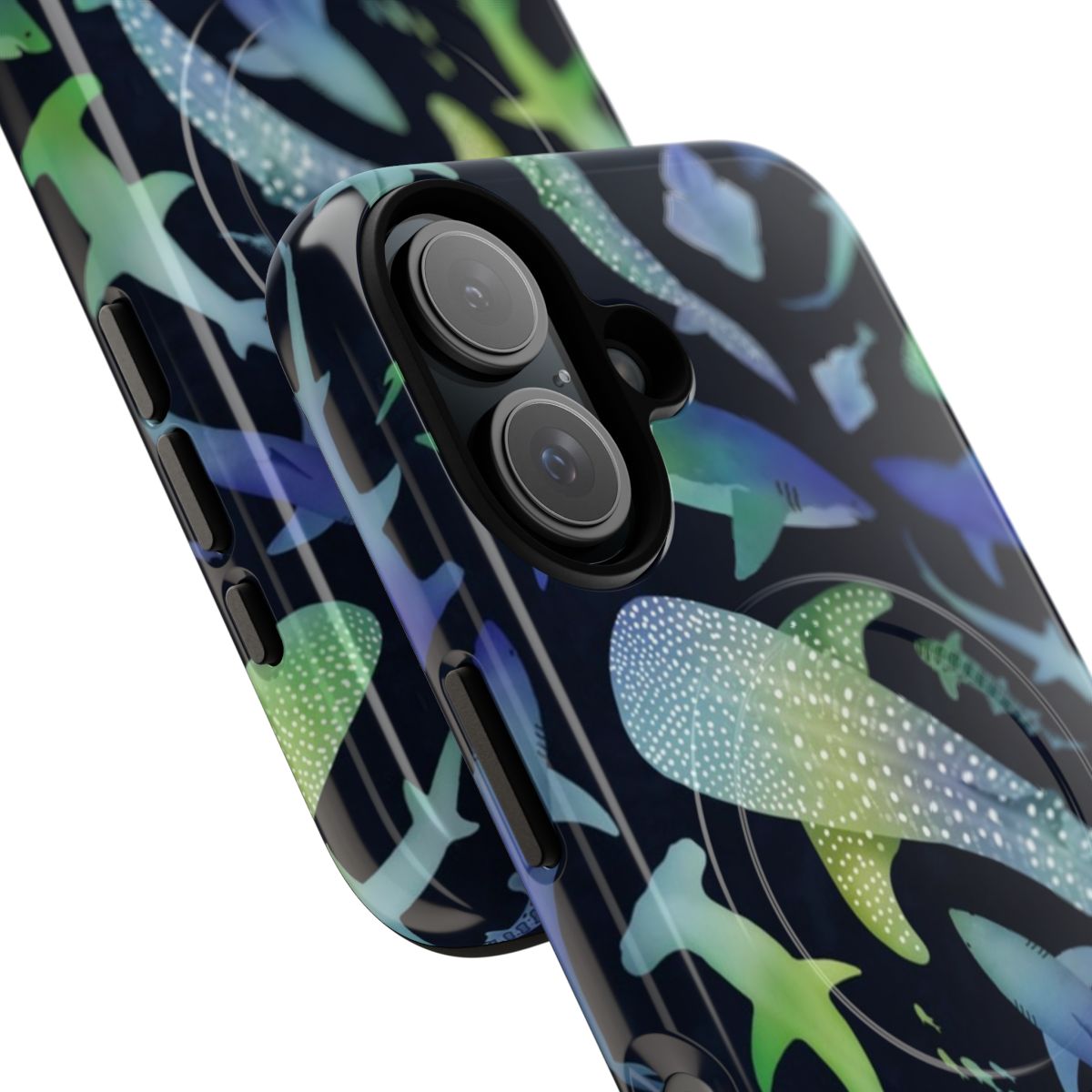 A navy blue phone case with a watercolor design featuring blue and green sharks and ocean elements. - Detail