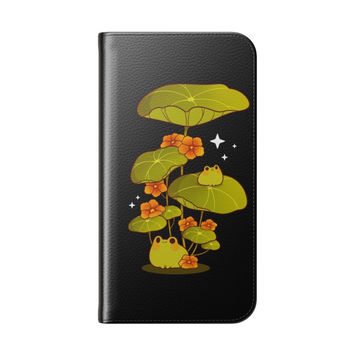 Flip cover phone case featuring a cute, chibi-style frog sitting on watercress plants - Folded Back