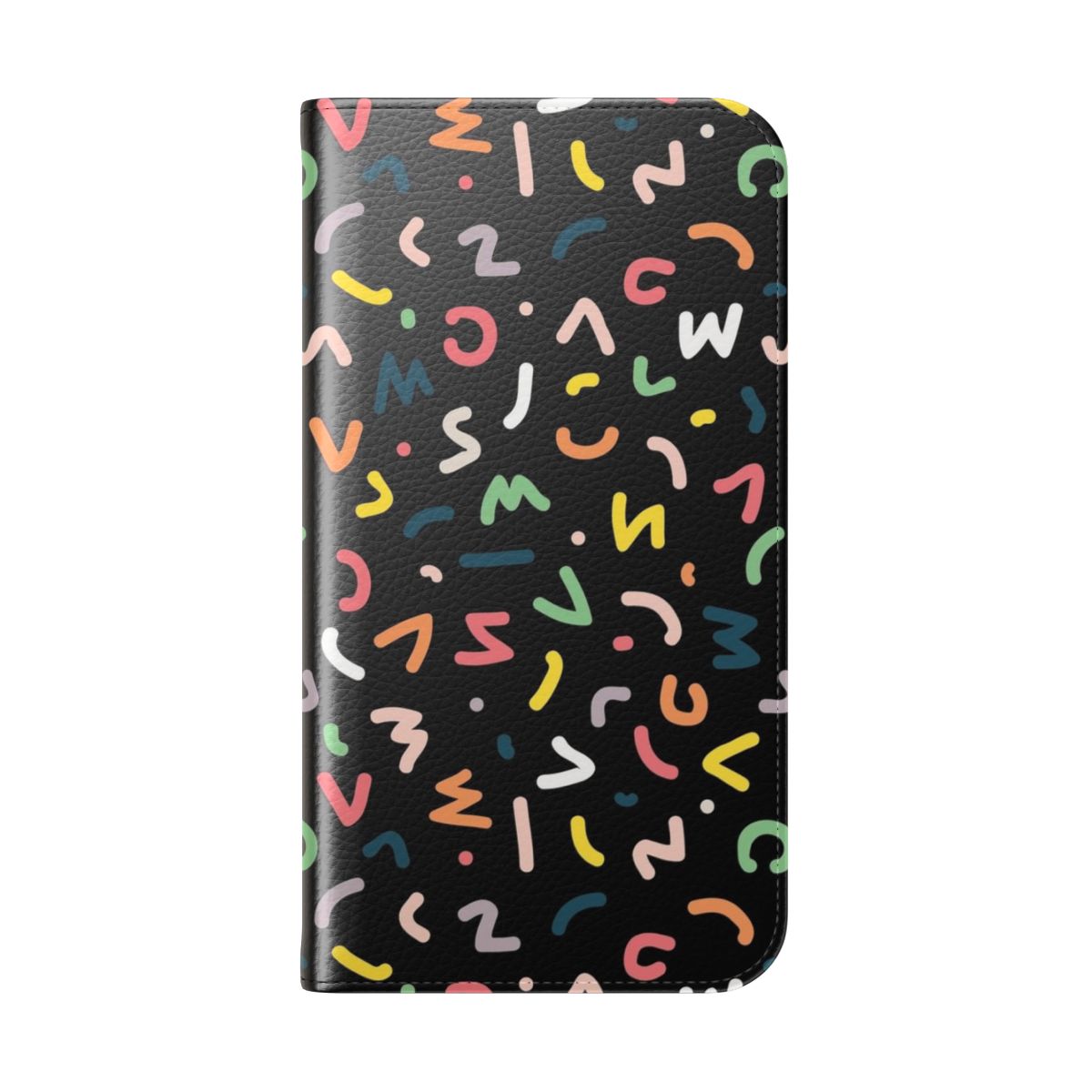 Closeup of a colorful, retro-inspired phone case with neon lights and geometric patterns - Folded Back