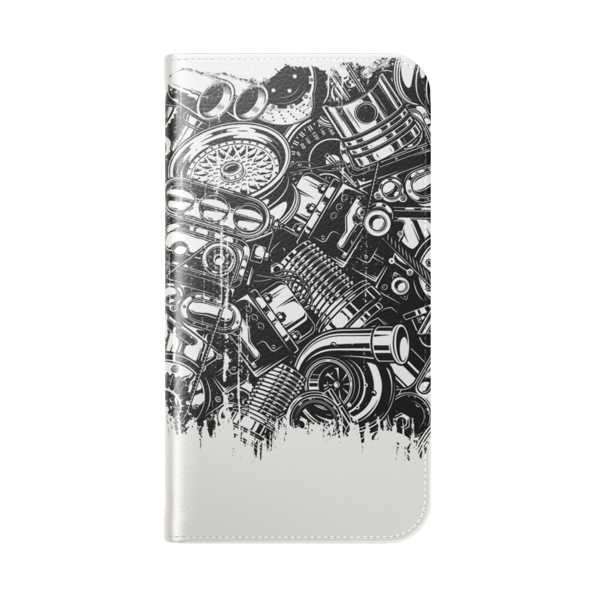 Collage of various car parts and designs on a phone case for car enthusiasts - Folded Back