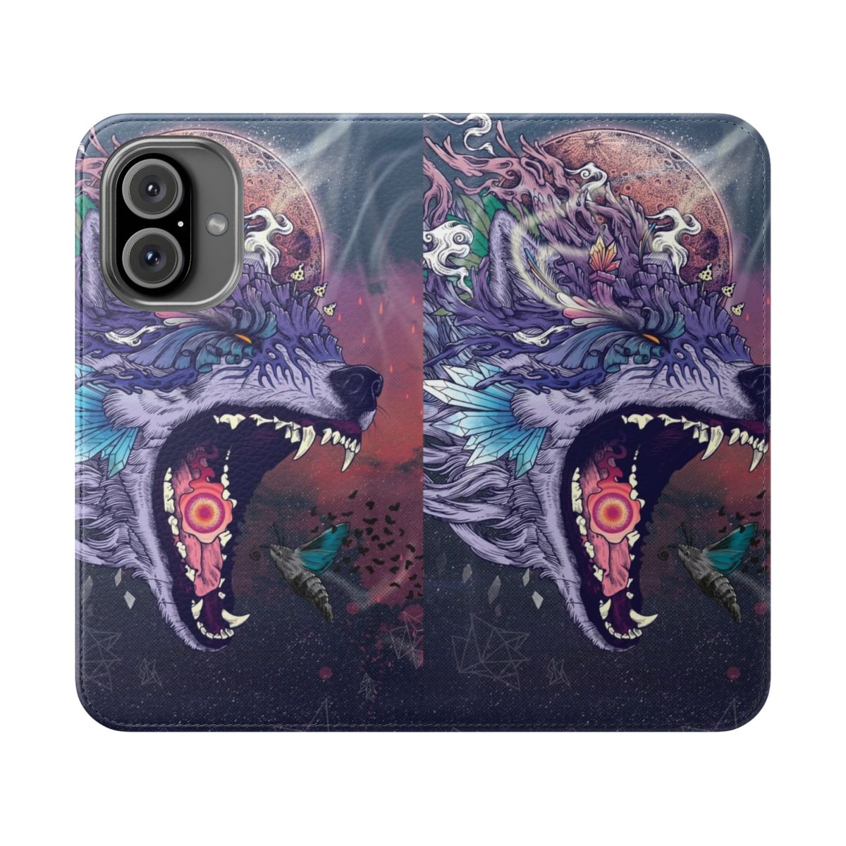 Vibrant psychedelic and surreal phone case featuring a wolf and celestial imagery