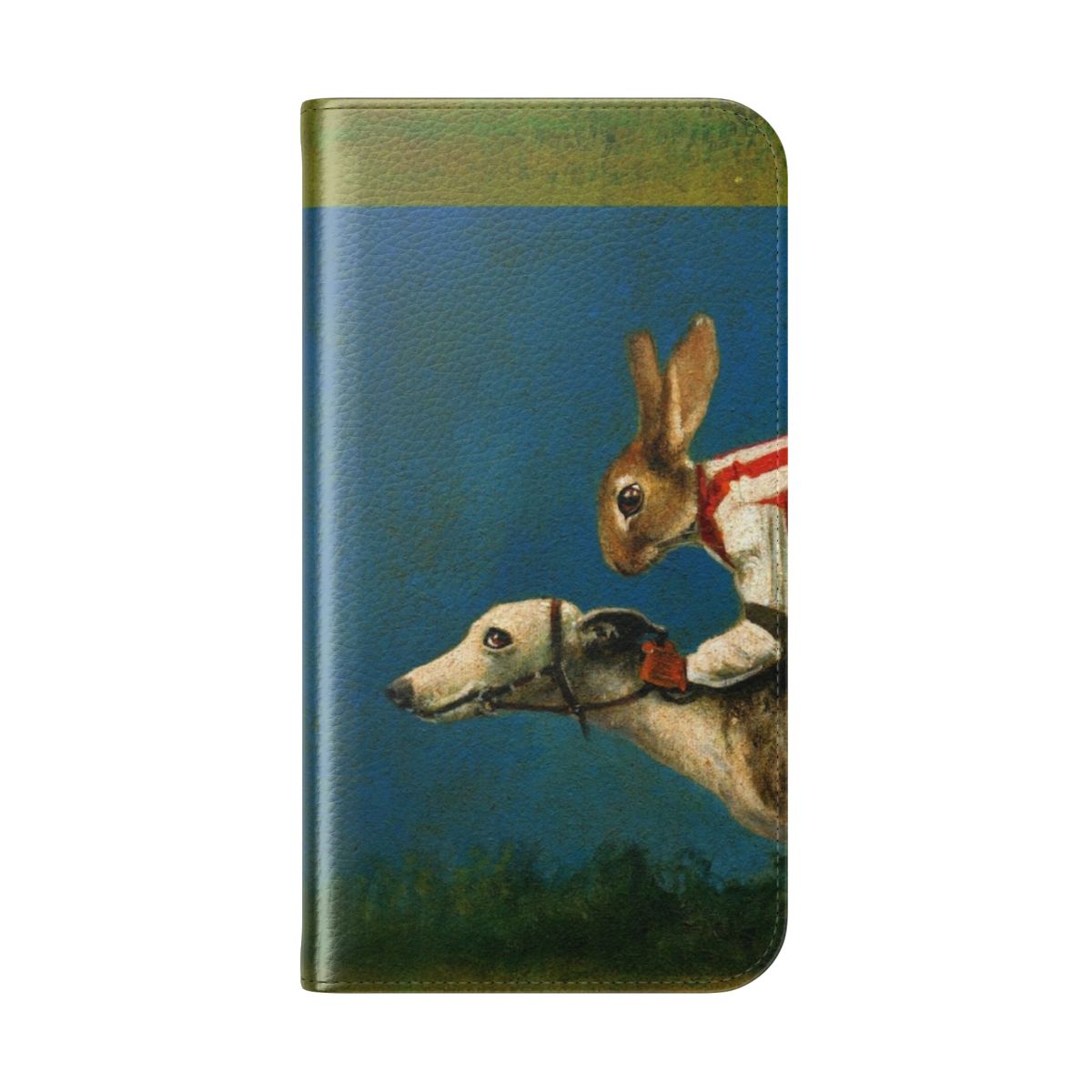 Whippet Racer themed flip cover phone case with an anthropomorphized whippet design - Folded Back