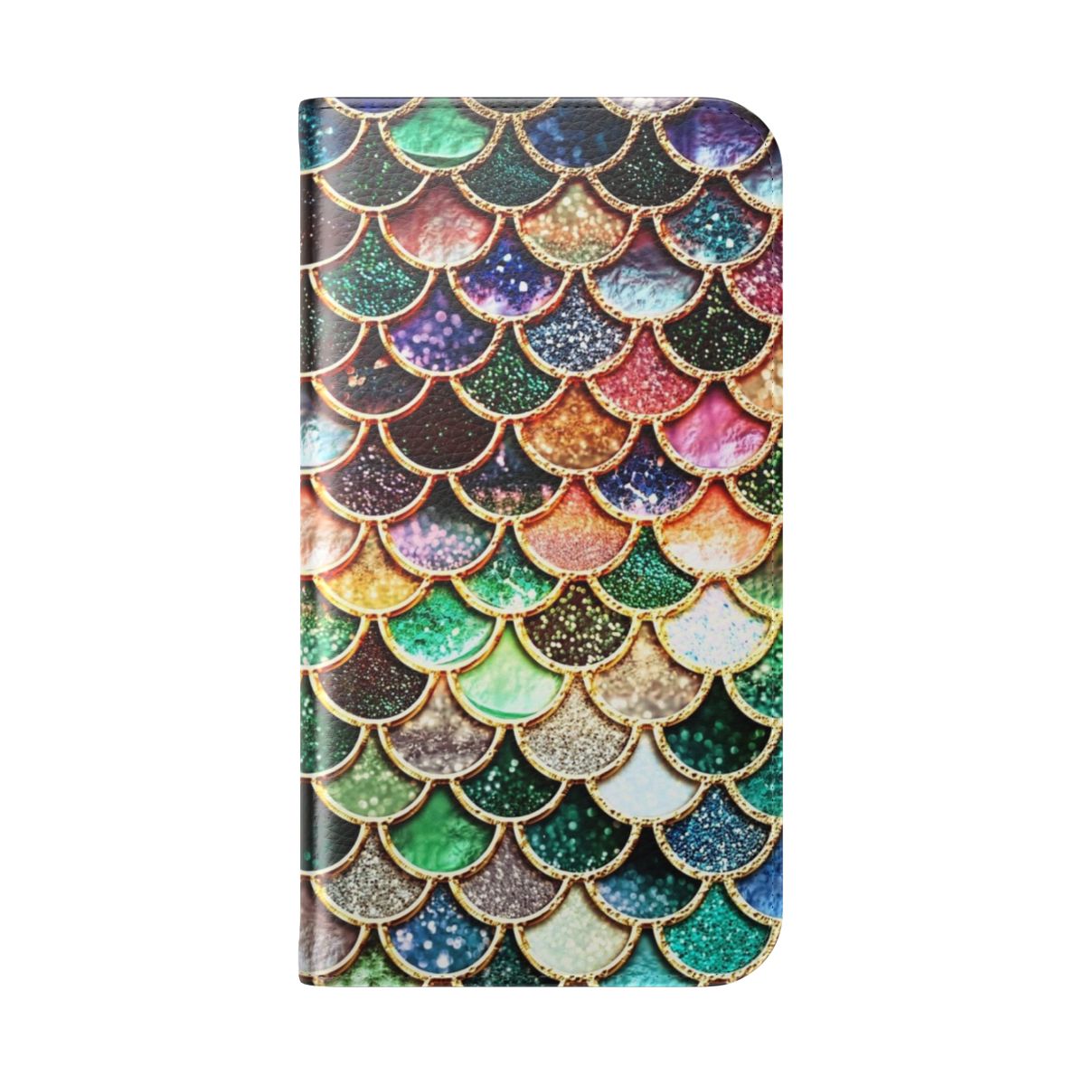 Sparkly mermaid scales phone case in gold, pink, and green colors - Folded Back