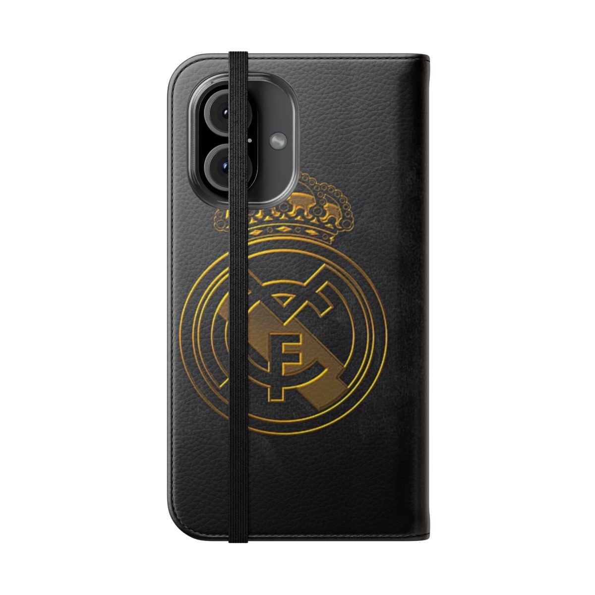 Closeup of a stylish phone case with the Real Madrid logo and colors. - Folded Front