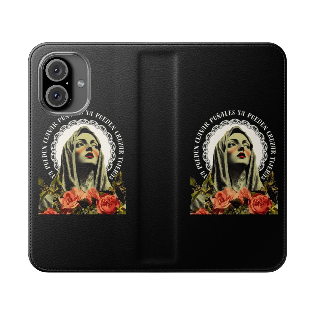 Flip cover phone case featuring a classic illustration with religious iconography, depicting feminine strength and spiritual resilience.