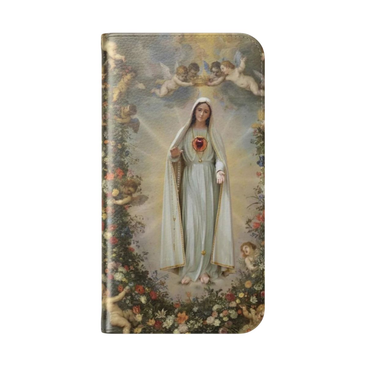 Flip cover phone case featuring the Blessed Virgin Mary and the Immaculate Heart of Mary - Folded Back