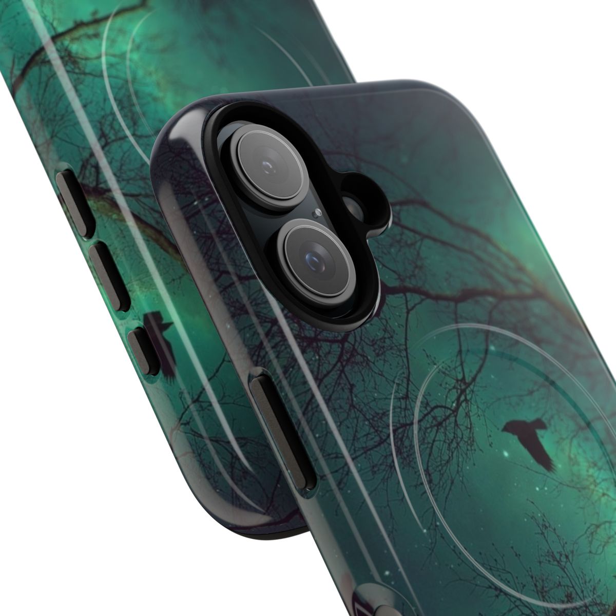 Artistic phone case featuring a night forest scene with silhouetted trees, birds in flight, and a teal sky - Detail