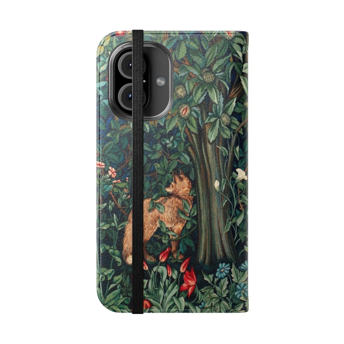 Vintage floral phone case with foxes and hares in a green and blue woodland scene - Folded Front