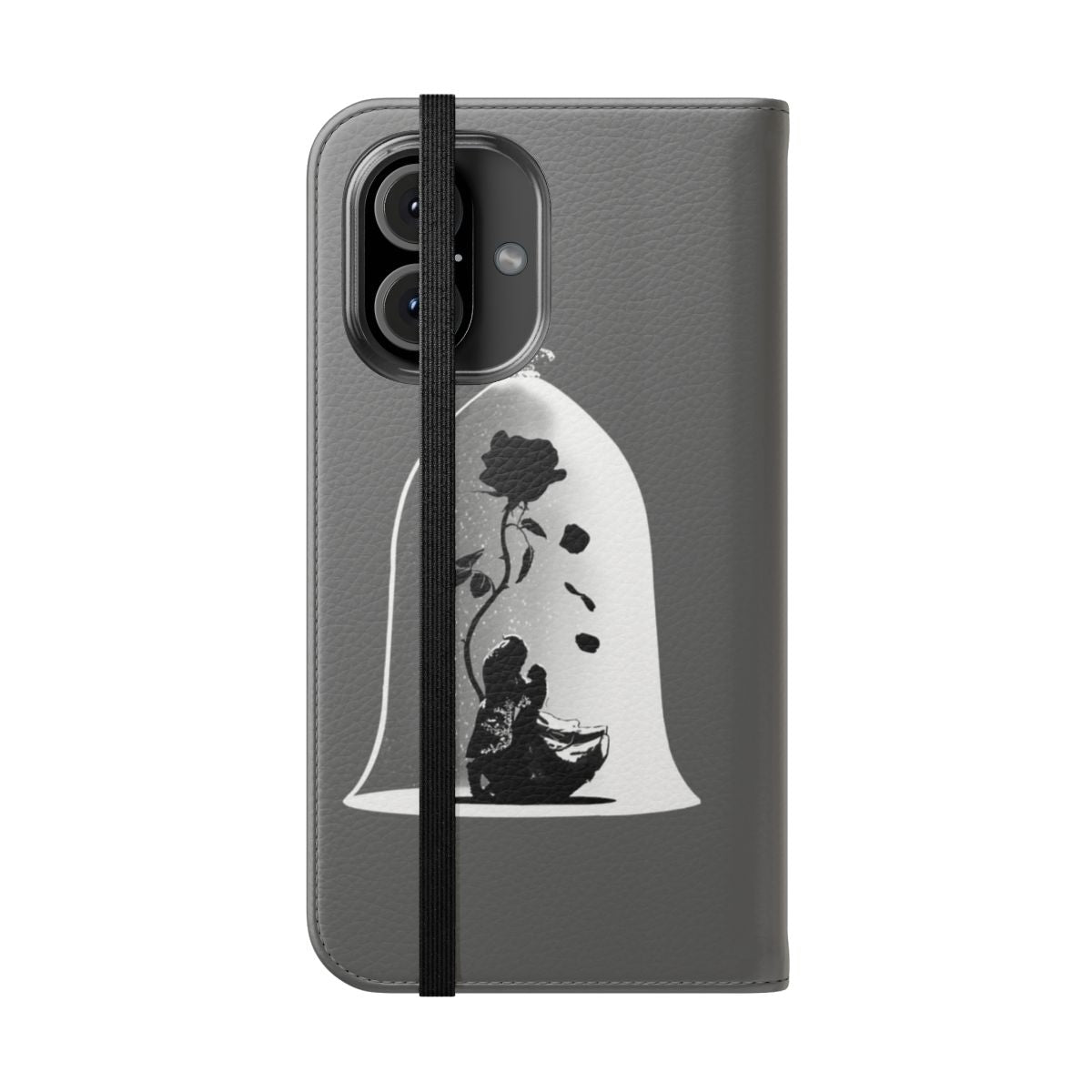 Flip phone case with a black and white digital art design featuring Beauty and the Beast characters dancing under a rose. - Folded Front