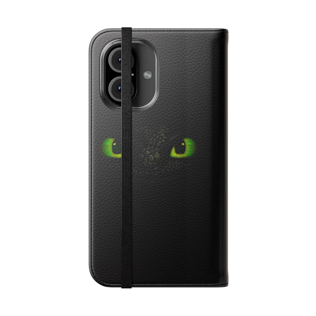 A flip phone case featuring the iconic eyes of the Night Fury dragon from the How to Train Your Dragon series. - Folded Front