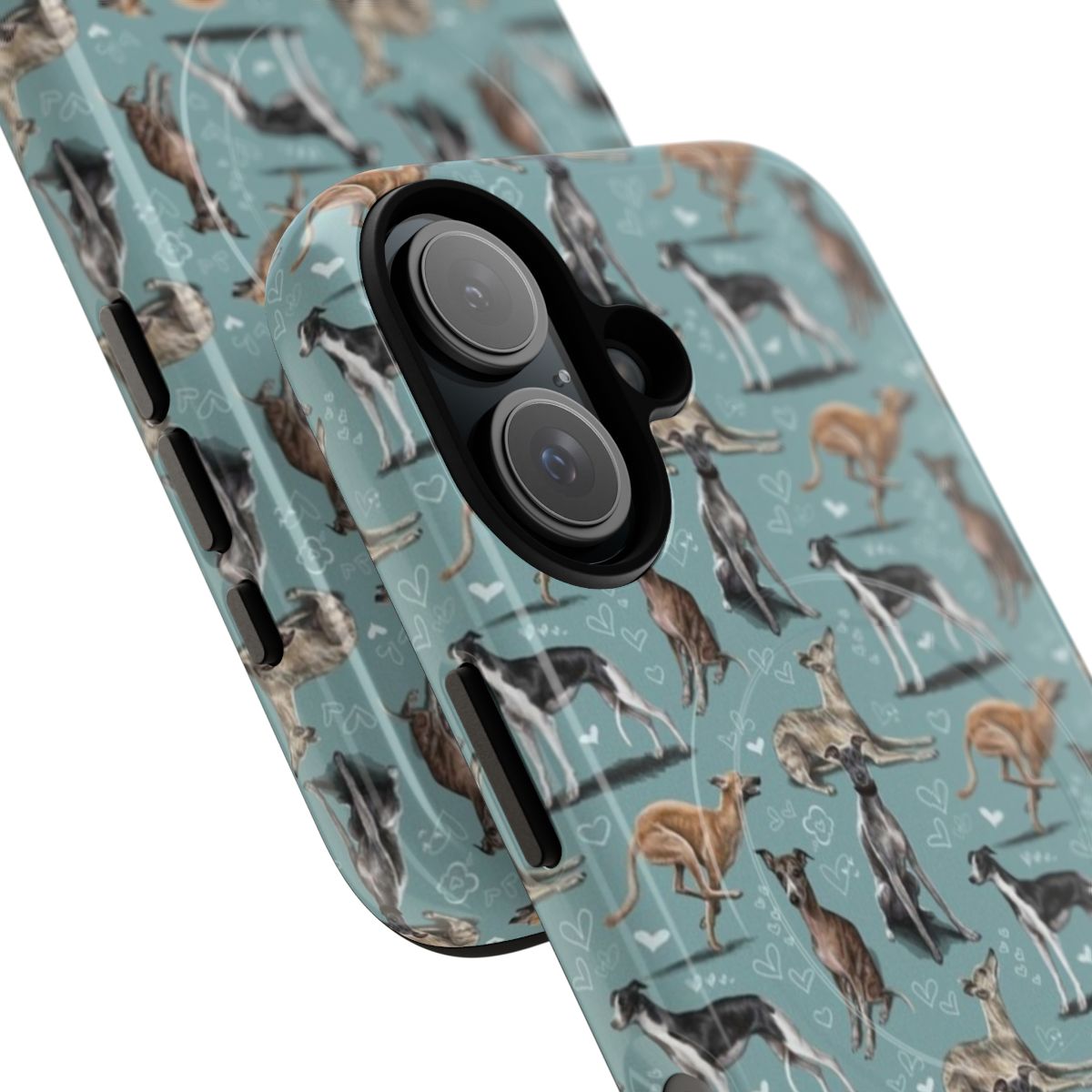 Magnetic tough phone case featuring a whippet, sighthound, or greyhound breed pattern design - Detail