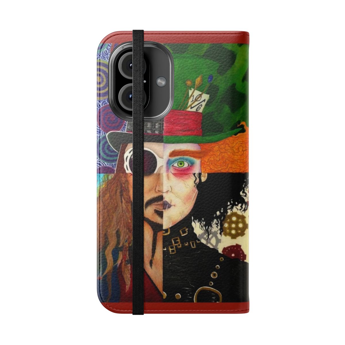 Colorful collage of Johnny Depp's iconic movie characters on a flip phone case - Folded Front