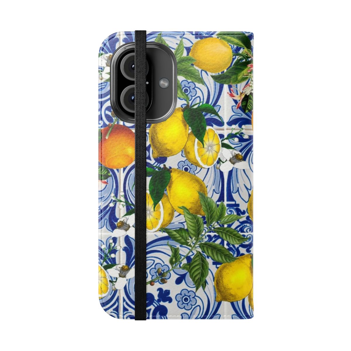 Mediterranean-inspired lemon and blue ceramic tile pattern on a flip phone case - Folded Front