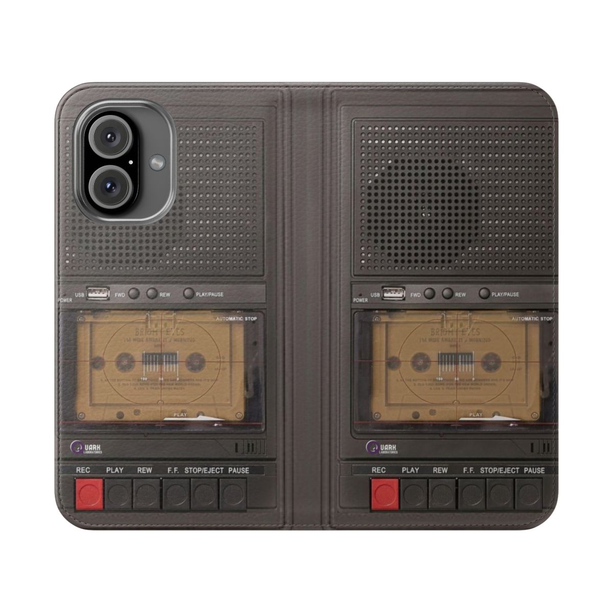 Tape recorder-themed flip cover phone case with paranormal horror design