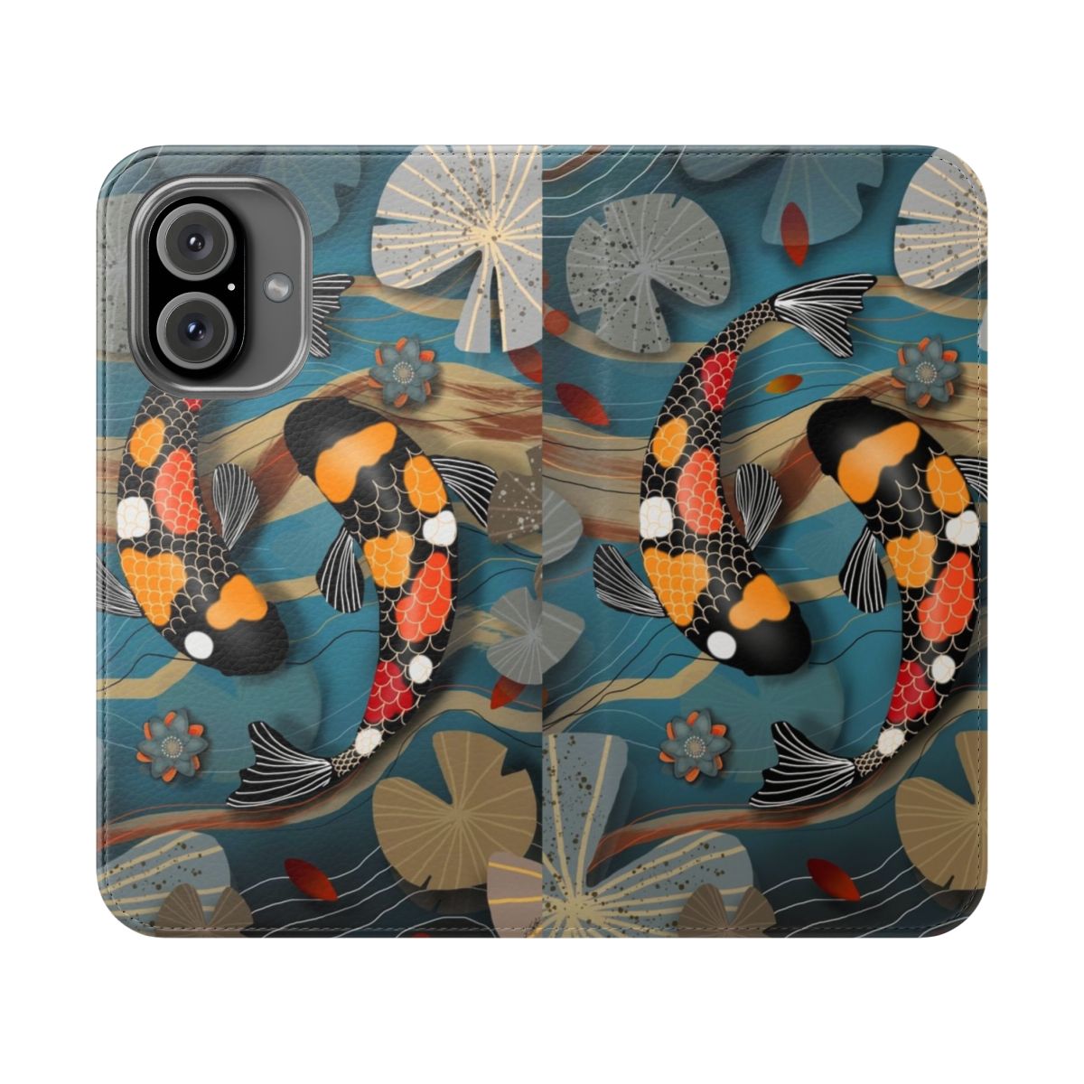 Colorful illustration of koi fish swimming in a lush water garden, featured on a phone case.