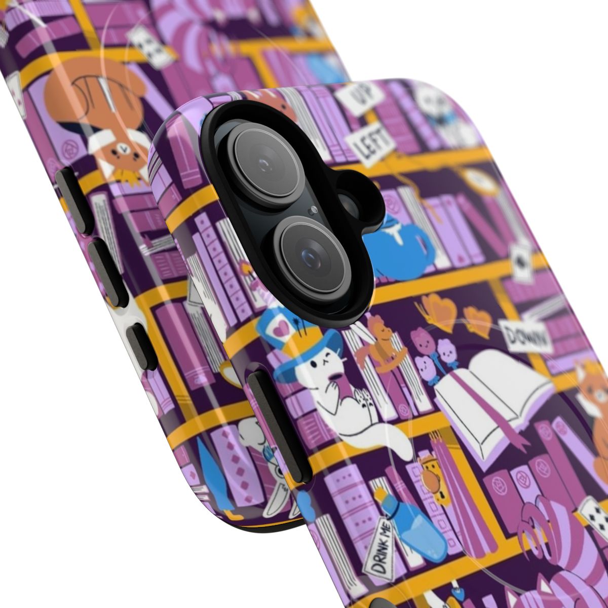 A magnetic tough phone case featuring a whimsical library in a wonderland setting, perfect for book enthusiasts. - Detail