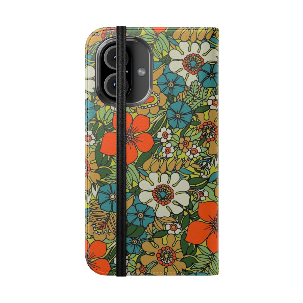 A vintage-style flip cover phone case featuring a colorful floral and tropical design, inspired by the 1970s. - Folded Front