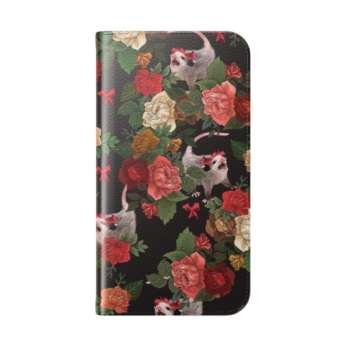 A cute and quirky floral phone case featuring a screaming opossum design. - Folded Back