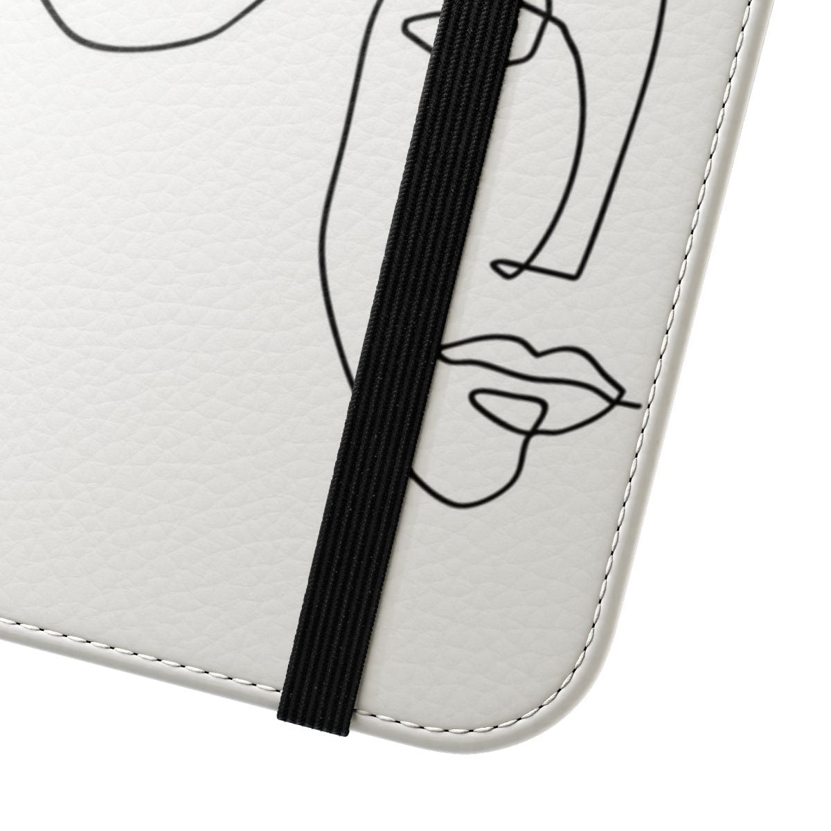 A modern, minimalist phone case featuring a simple, continuous line drawing of abstract faces. - Close Up