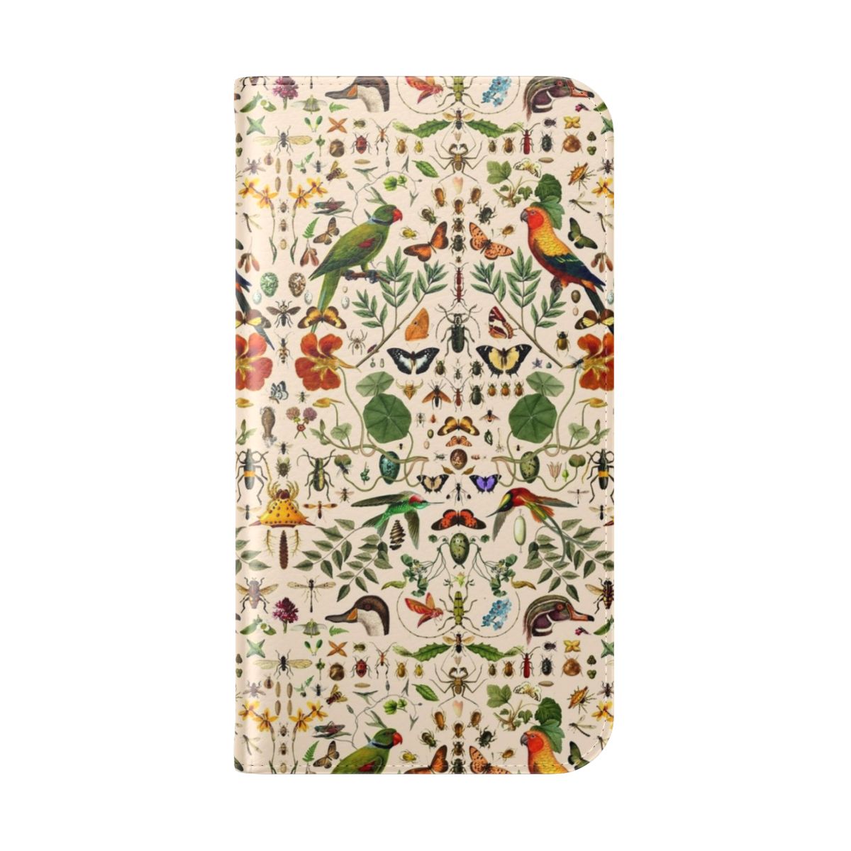 Colorful collage of nature elements including butterflies, birds, and flowers on a phone case. - Folded Back