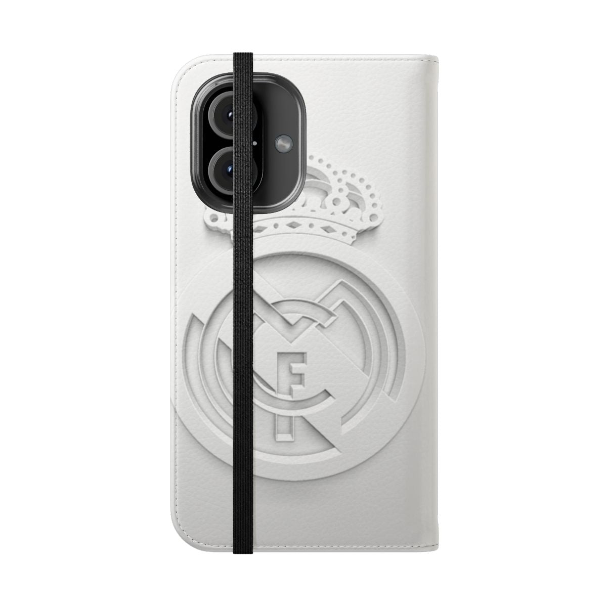 White flip cover phone case with a Madrid-inspired design - Folded Front