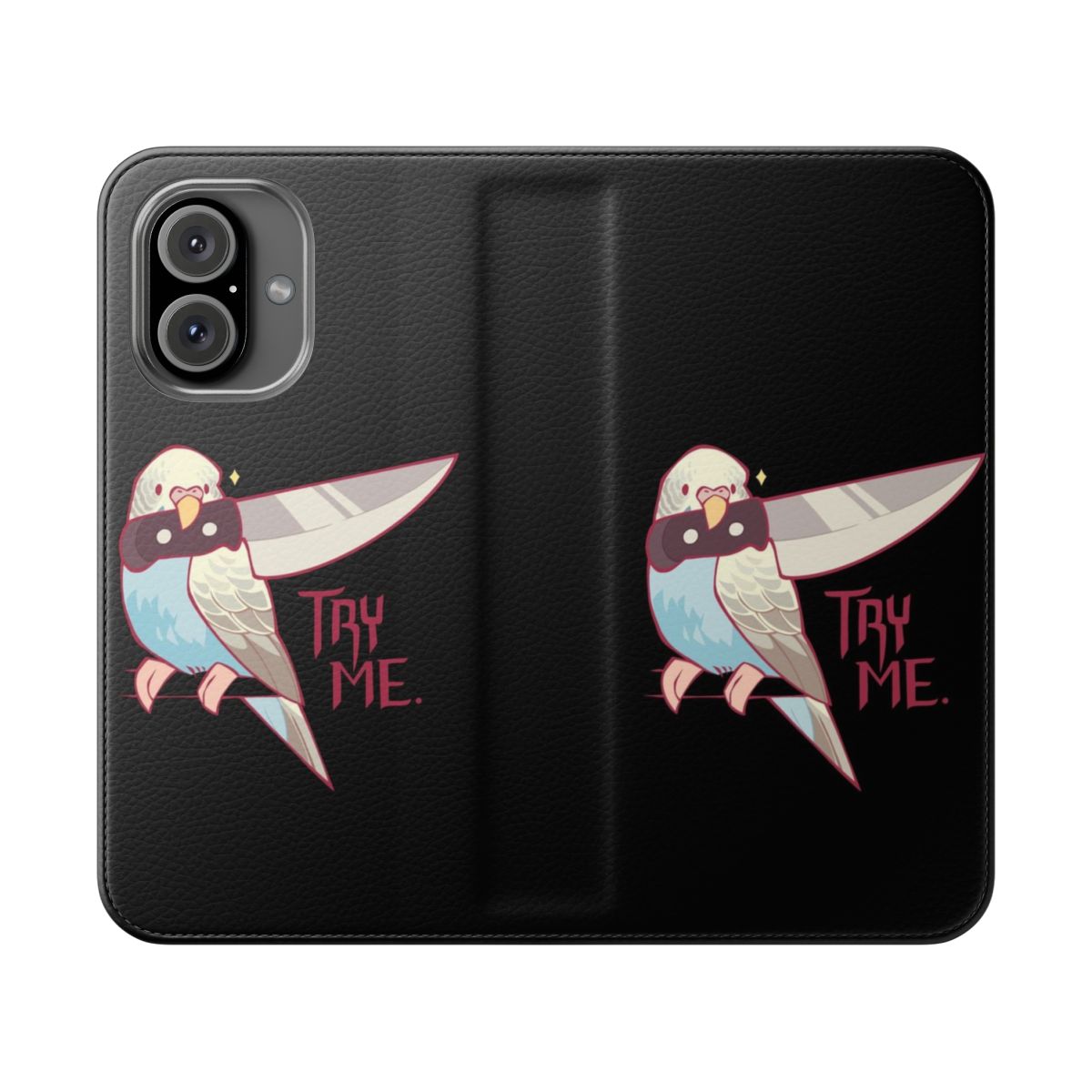 Colorful flip-cover phone case featuring an illustration of a female budgerigar or parakeet bird.