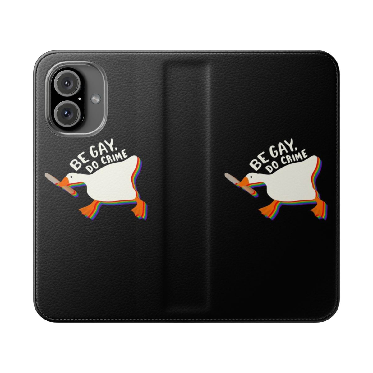 Colorful queer pride phone case with "Be gay do crime" goose design