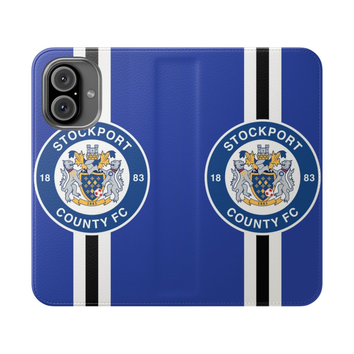 White and black striped flip cover phone case for Stockport County football fans