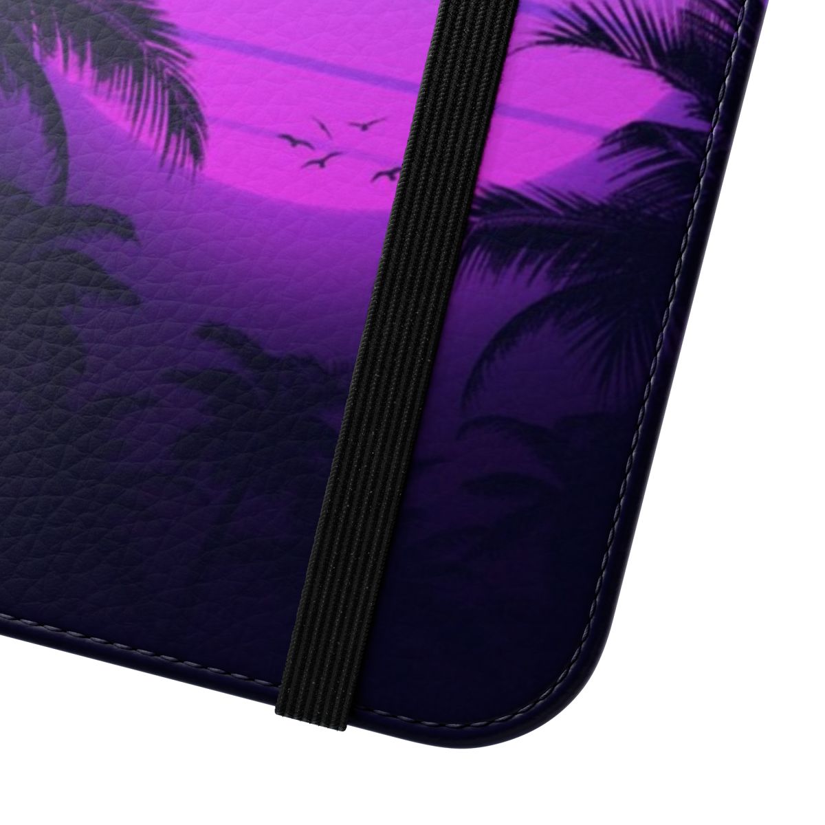 Vibrant retro 80s-inspired vaporwave sunset phone case cover with palm tree silhouette - Close Up