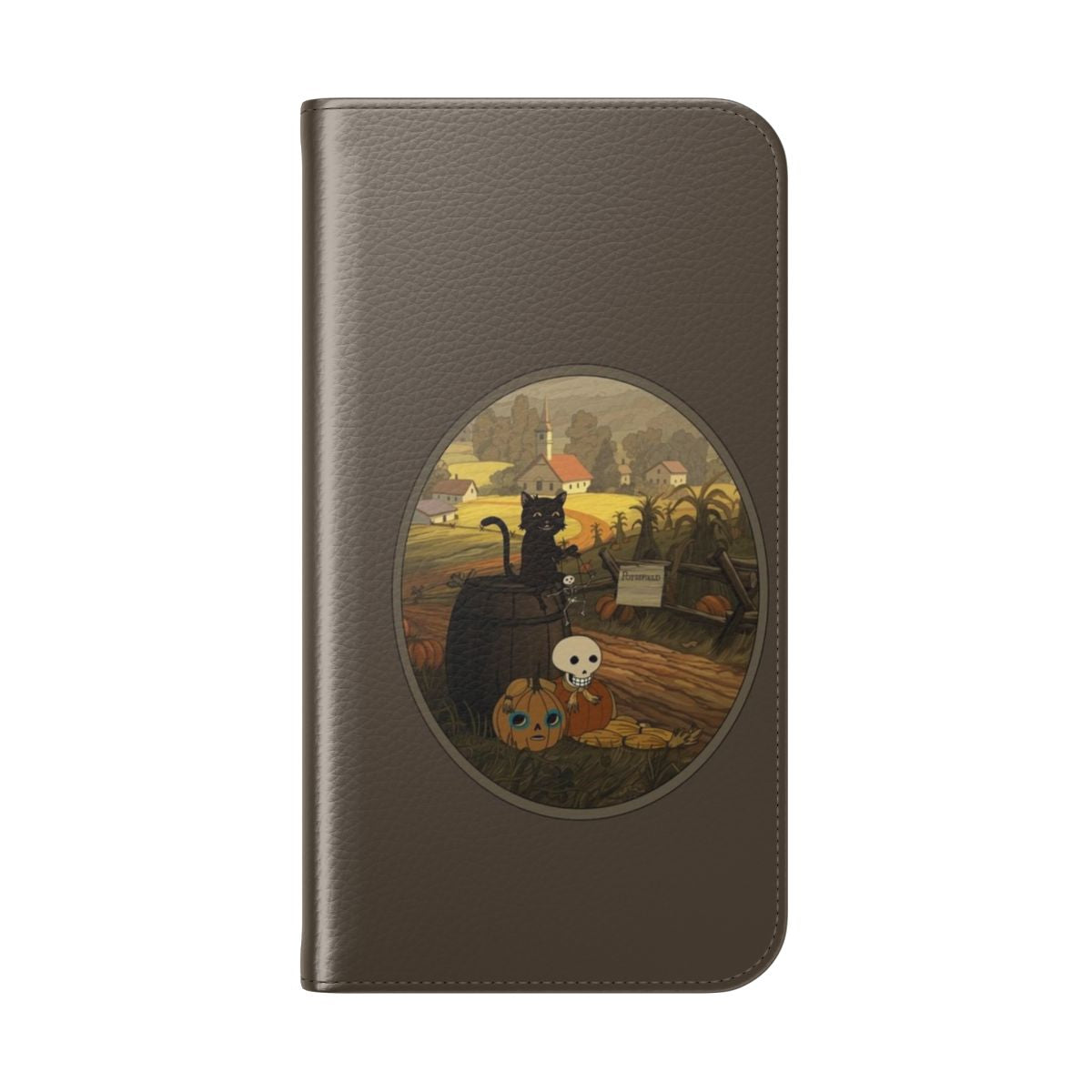 Gothic inspired flip cover phone case with black cat, pumpkin, and scull design - Folded Back