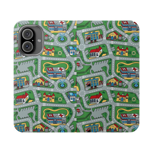 Vintage 90s-inspired phone case with a nostalgic car city road rug pattern, perfect for a retro or throwback aesthetic.