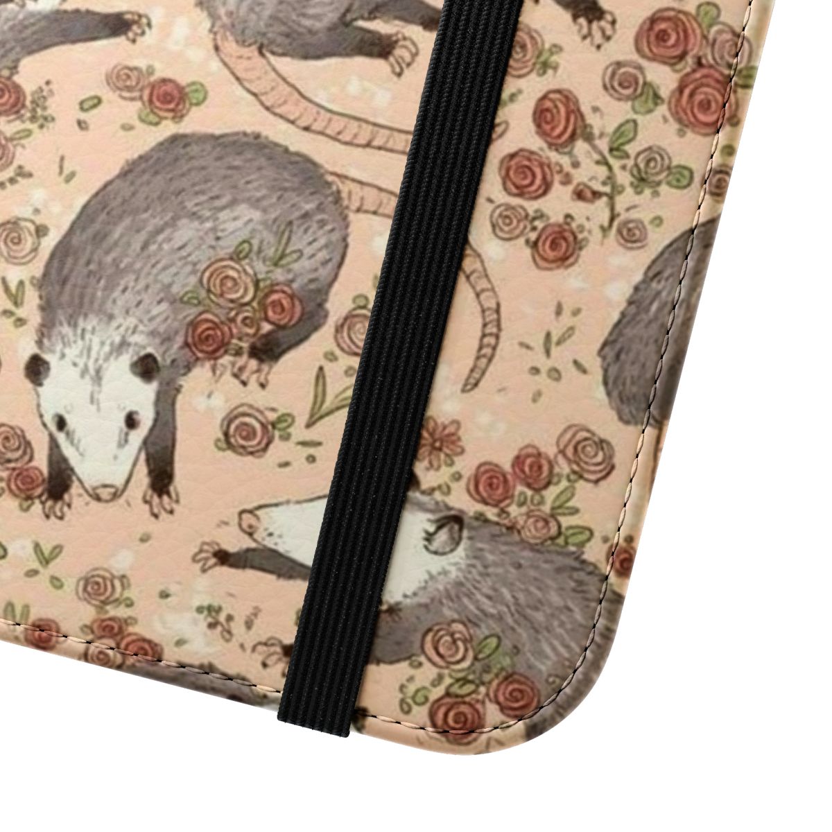 Whimsical and retro-inspired phone flip cover case featuring a cartoon possum design. - Close Up