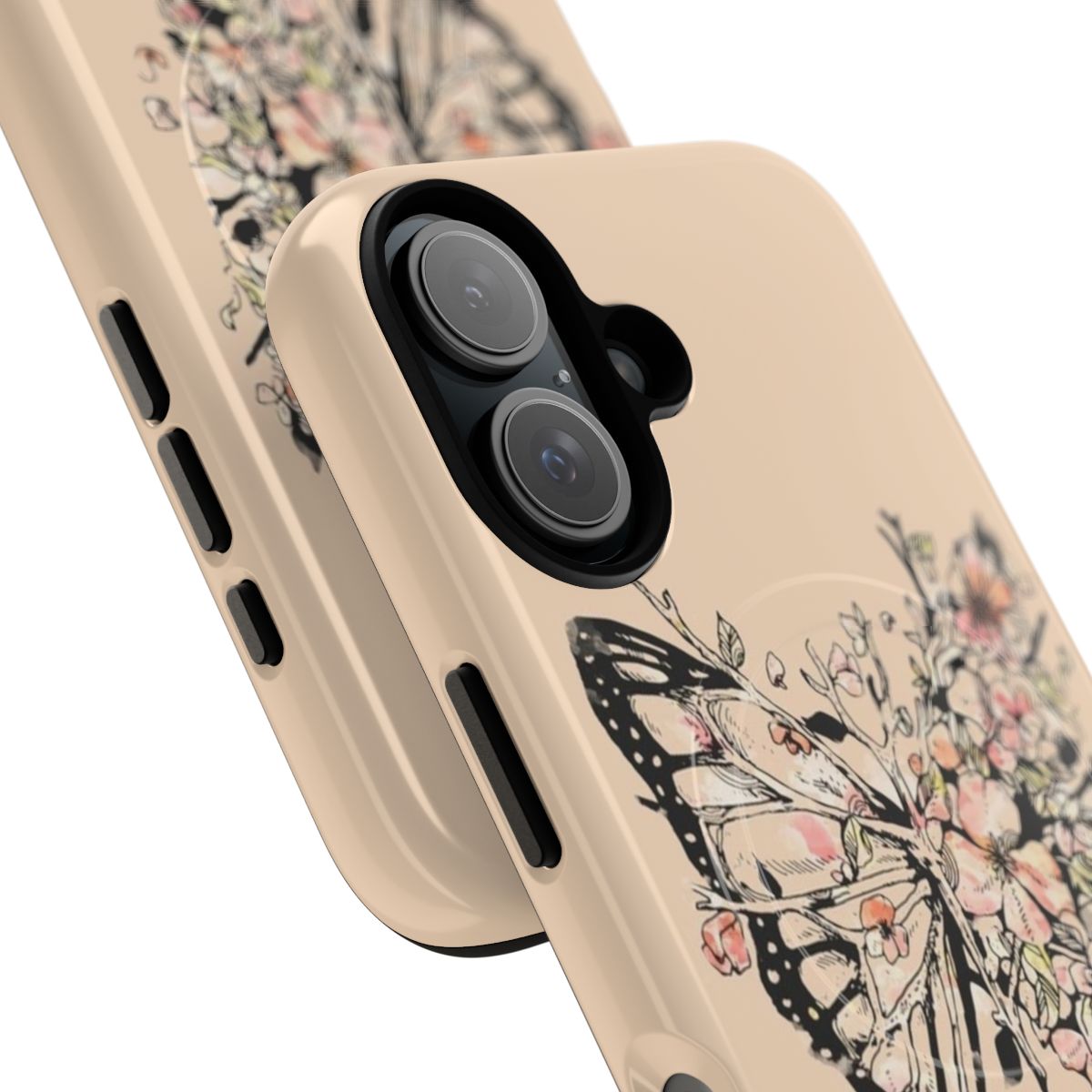 A phone case featuring a watercolor-style design of butterflies, flowers, and leaves in a surreal, metamorphosis-inspired style. - Detail