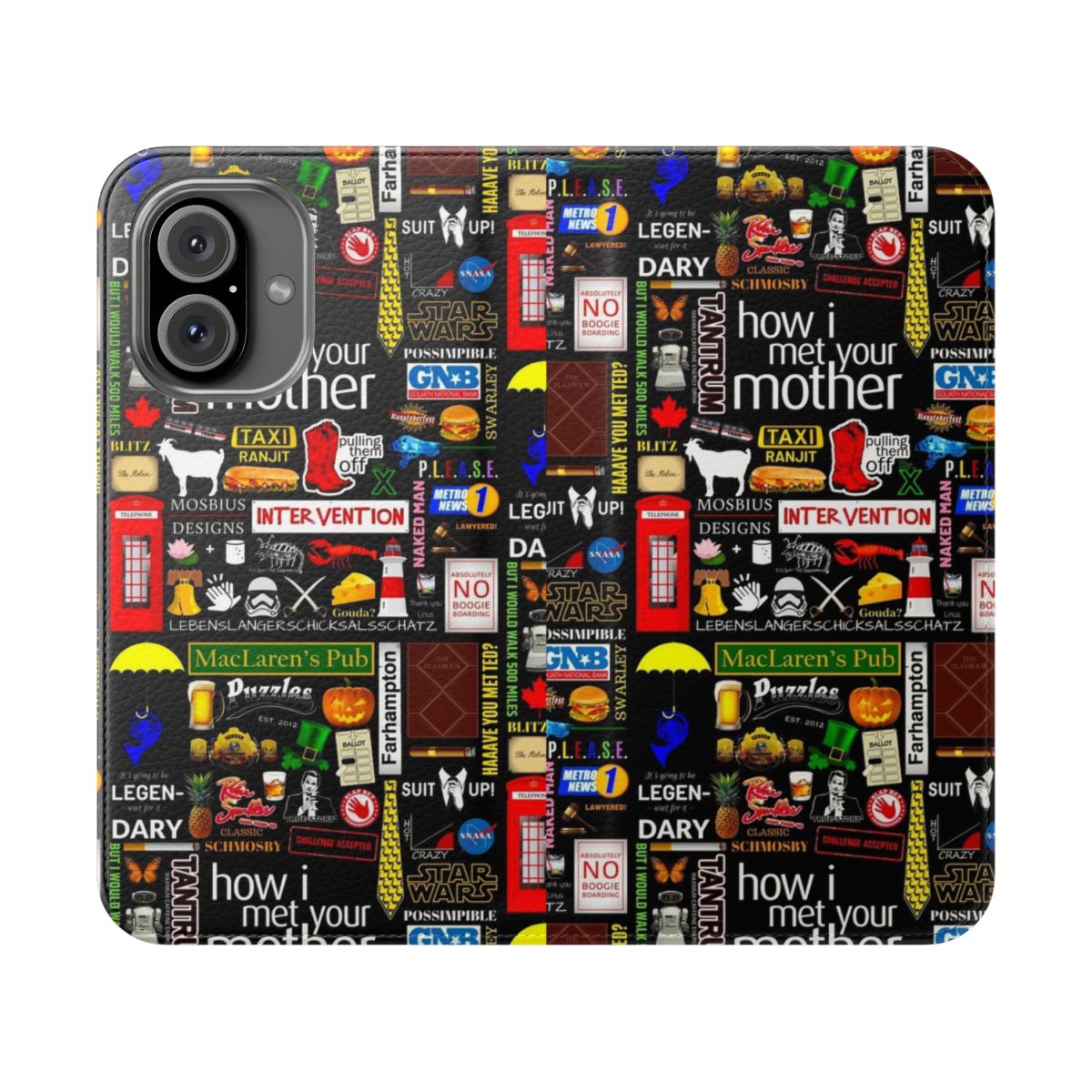 Themed collage phone case inspired by the TV series How I Met Your Mother, featuring iconic symbols and characters.