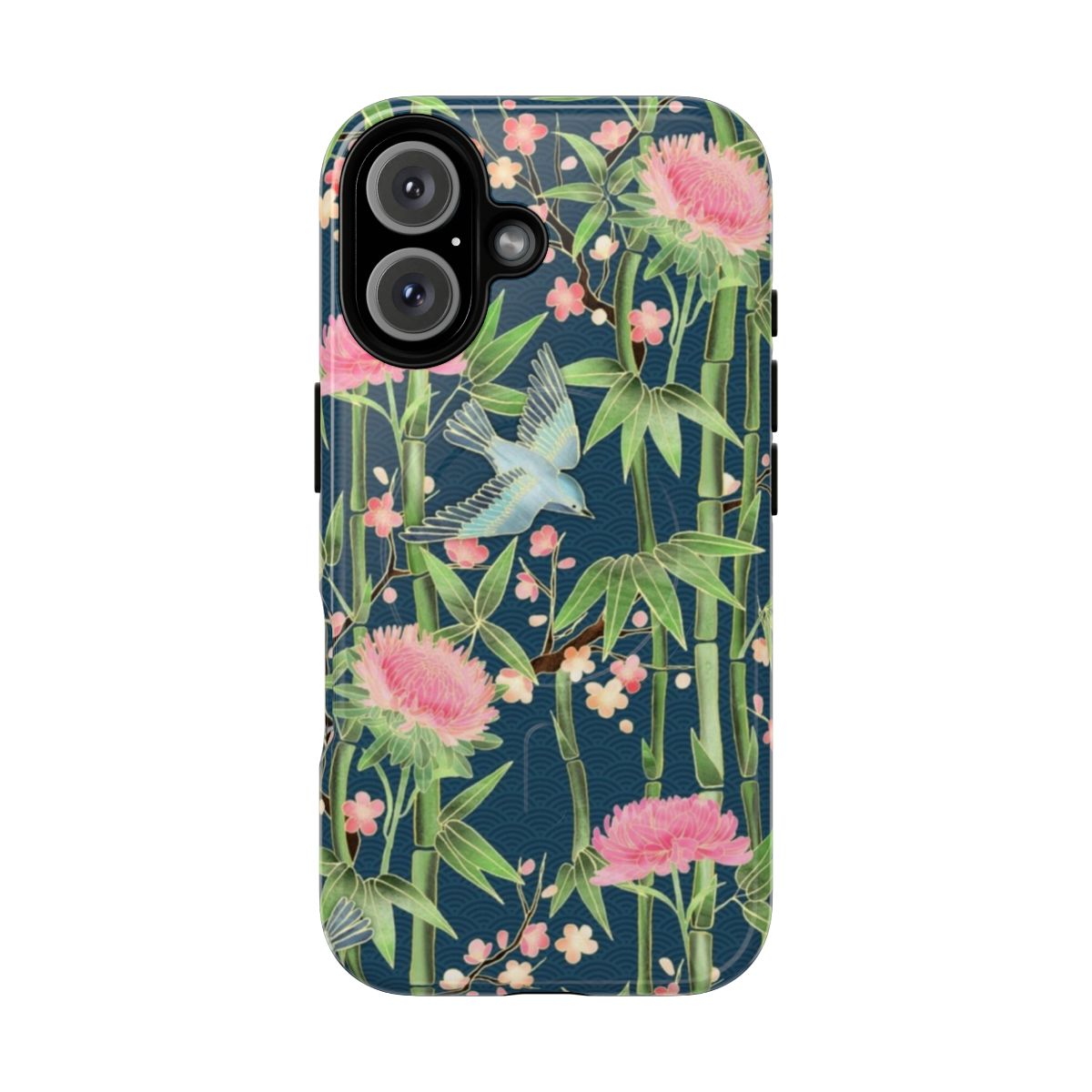 Bamboo, birds, and blossoms in a Japanese-inspired floral pattern on a teal phone case