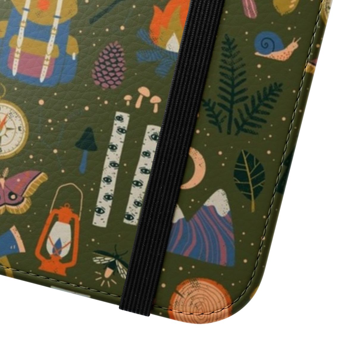 Flip cover phone case with a whimsical forest pattern featuring owls, campfires, and other nature elements. - Close Up