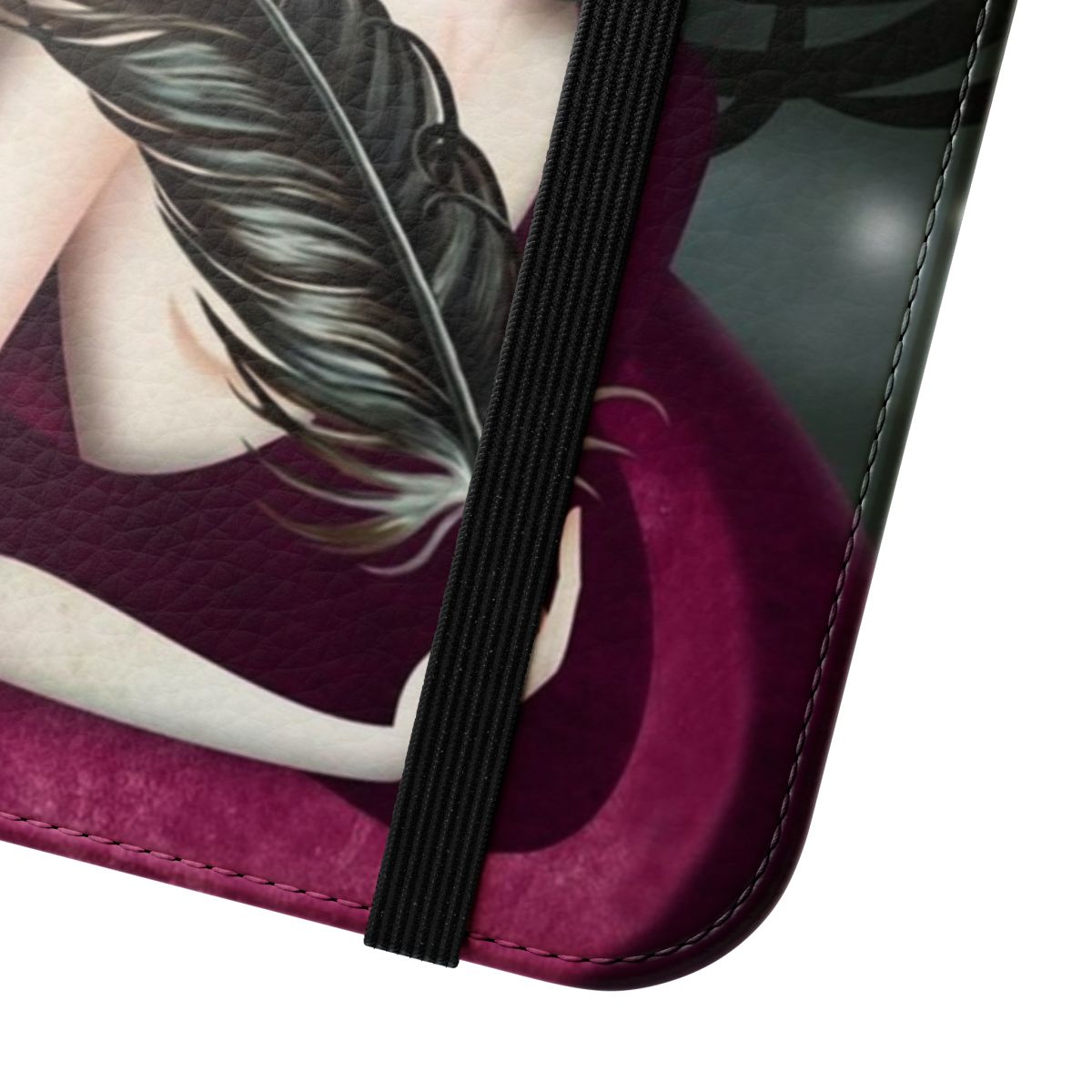 A gothic-themed flip phone case with an enchantress, raven, and skull design - Close Up