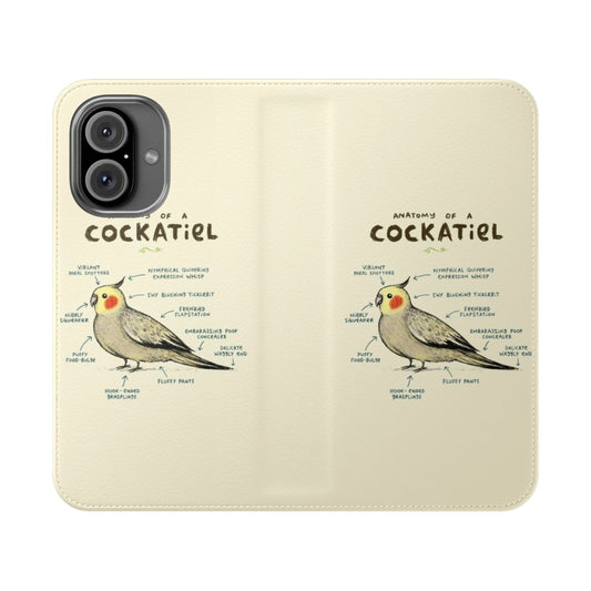 Cockatiel-inspired flip phone case with detailed anatomical artwork