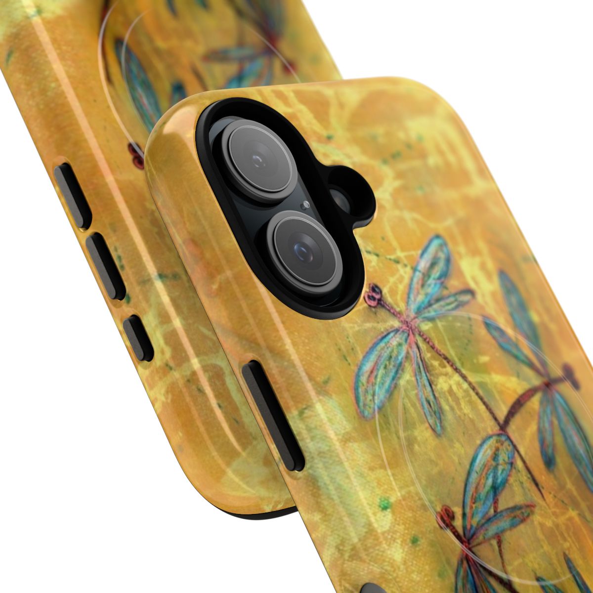 Colorful dragonfly and butterfly design on a magnetic phone case - Detail