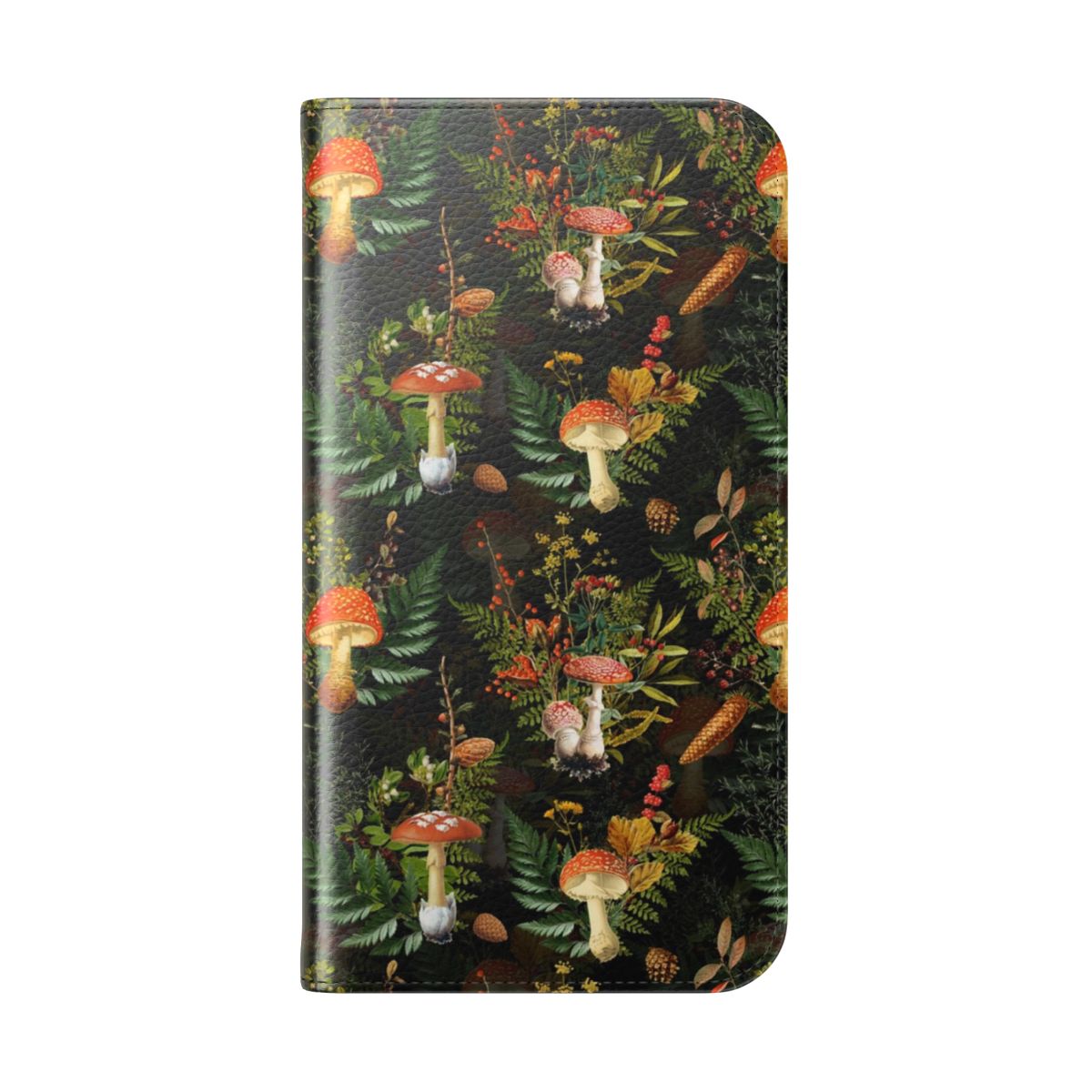 Vintage-inspired botanical phone case featuring midnight toadstools in a forest landscape on a black background. - Folded Back