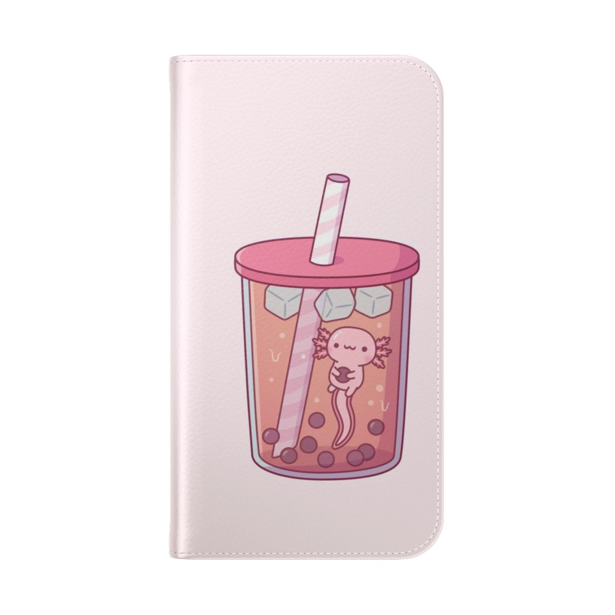 A vibrant and whimsical phone case featuring a cute axolotl swimming in a bubble tea drink. - Folded Back