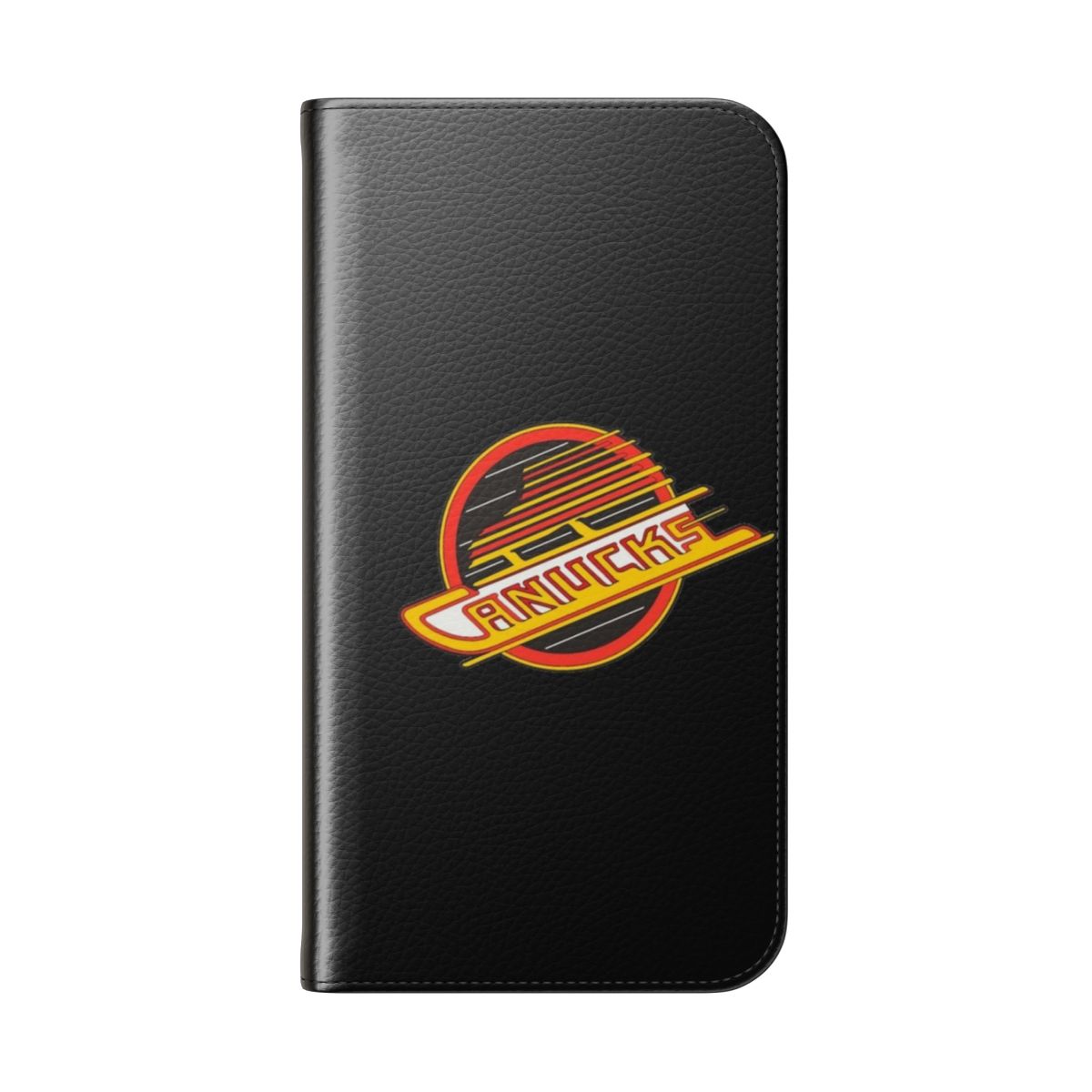 Retro-inspired flip cover phone case featuring the iconic Vancouver Canucks hockey team logo and colors. - Folded Back