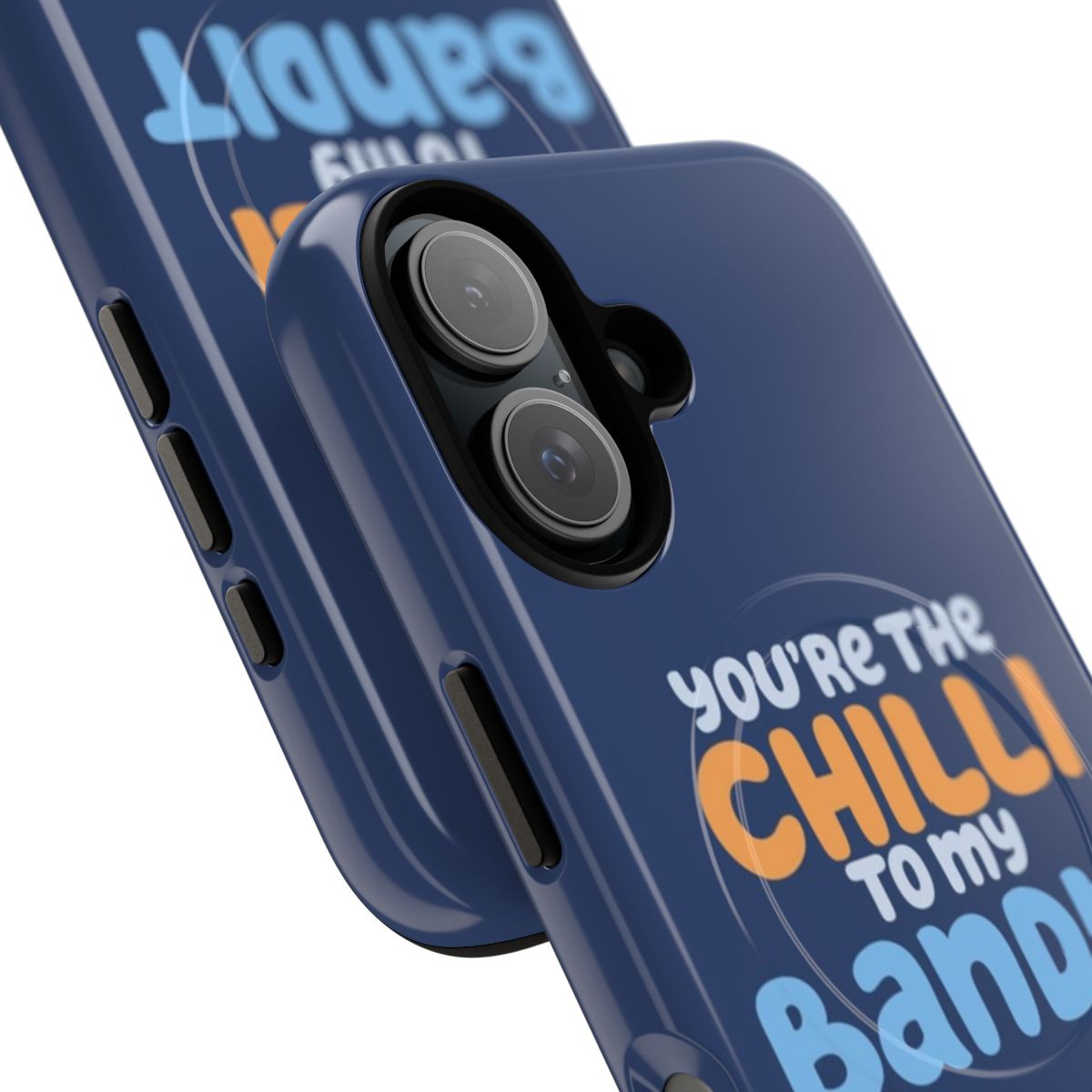 A tough and magnetic phone case featuring a blue heeler dog and the words "I Love Chili" - Detail