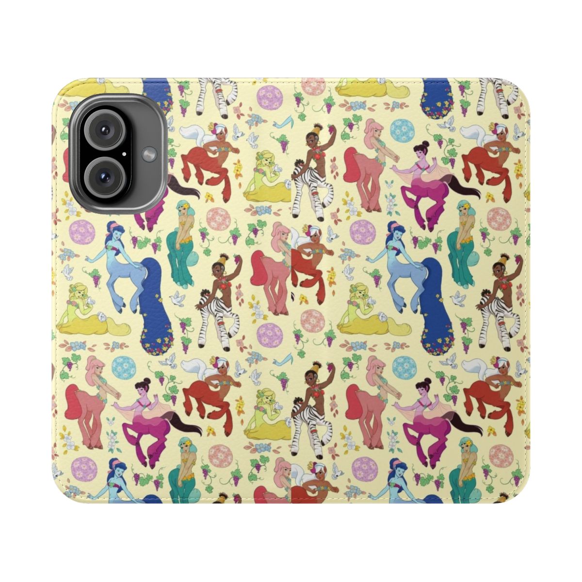 Colorful phone case featuring a pattern of fantastical centaurettes and floral elements