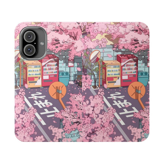 Flip cover phone case with a beautiful cherry blossom tree design on a Japanese street scene.