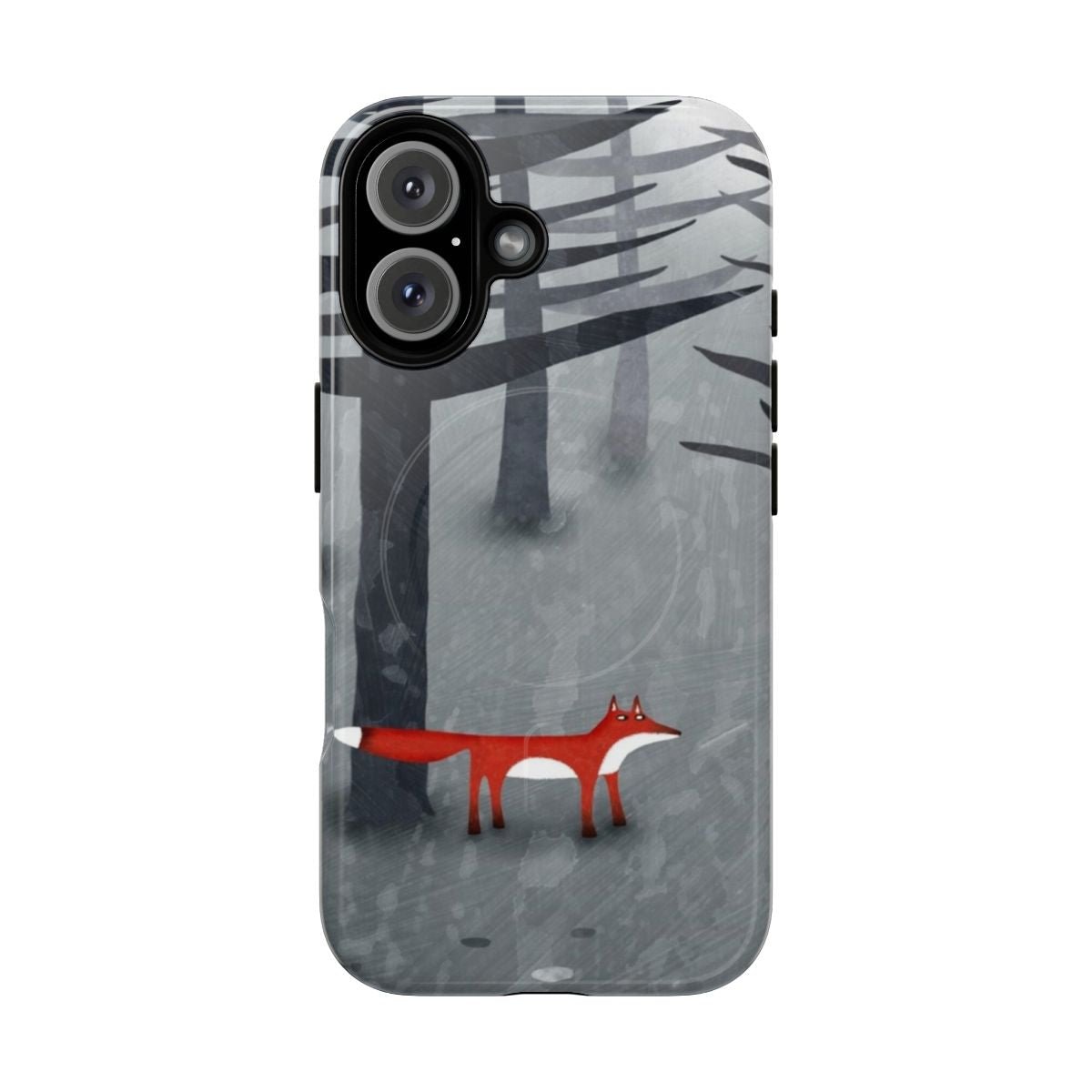 Magnetic phone case with a forest landscape design featuring a red fox and squirrel.