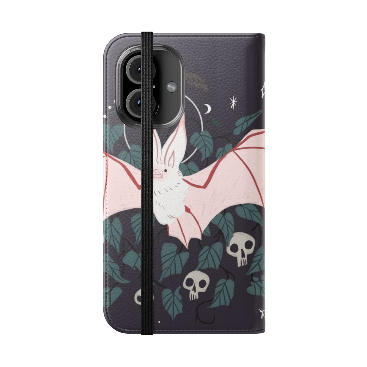 A flip cover phone case featuring a desert long-eared bat in a spooky, witchy design. - Folded Front